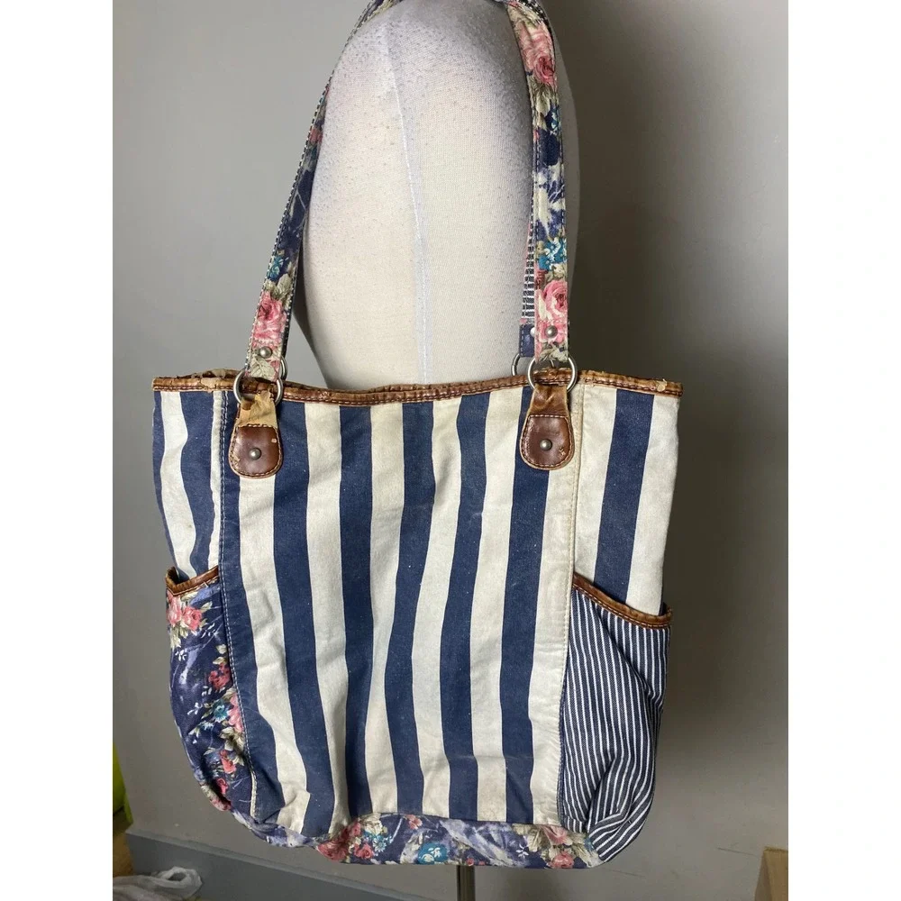 Unionbay Vintage 90s Y2K Floral Stripe Canvas Tote Bag Blue White Mixed Media